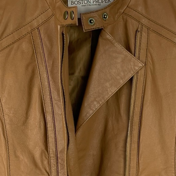 BOSTON PROPER LEATHER ASYMMETRIC ZIPPER STAND COLLAR TAN MOTO JACKET - Picture 11 of 15